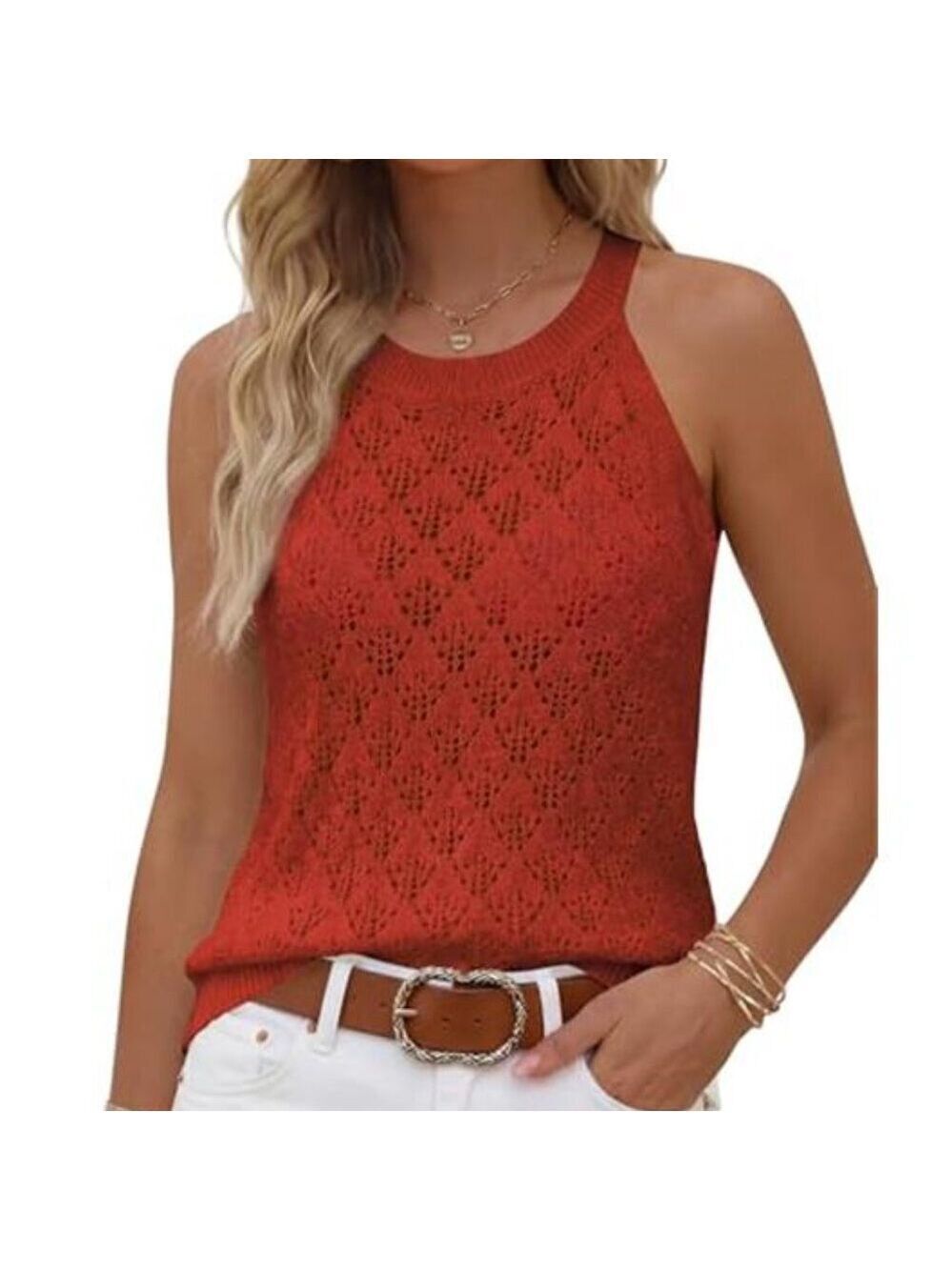 Rust Red Tank Tops Crochet Sleeveless Sweater Vest Boho Shirt Hollow Knit